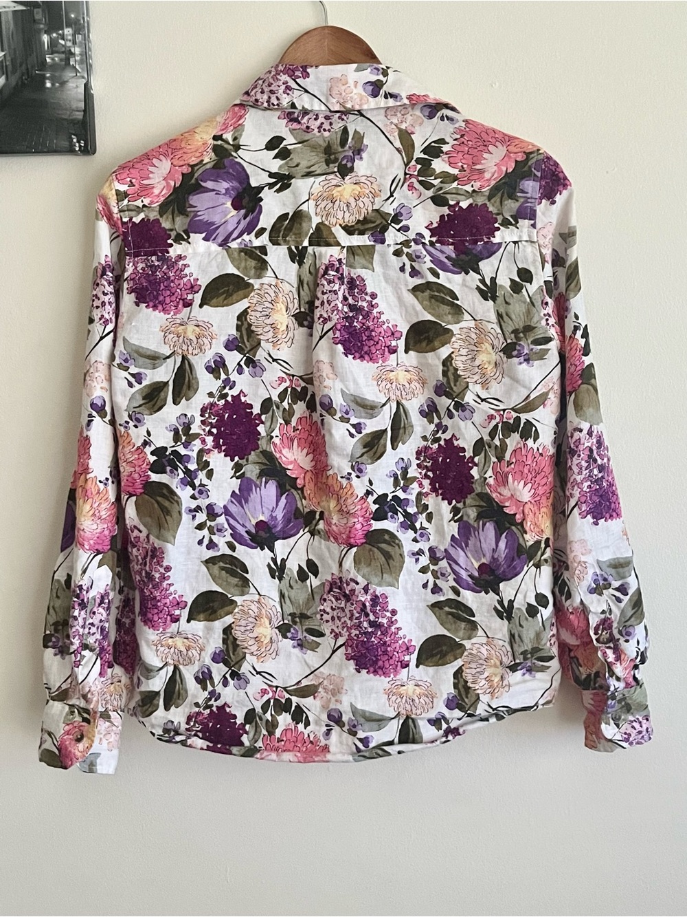 M&S Pure Linen Floral Button-Up — Purple & Pink Bloom- Small PTP 20 inch - Picture 3 of 7